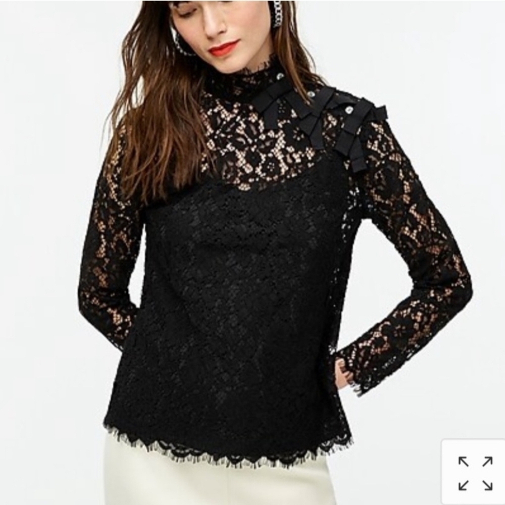 J.Crew Black Mockneck Top in Floral Lace with Bow Accents, Size 2